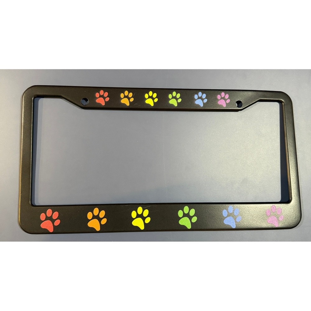 Rainbow Paw Print License Plate Frame Matte Black Metal Dog Cat Animal Lover